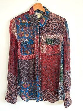 Vintage Lucky Brand Y2K patchwork print sheer chiffon shirt medium